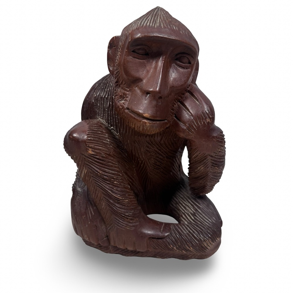 Vintage Hand Carved Wooden Monkey Figurine Thinking Primate Folk Art Sculpture